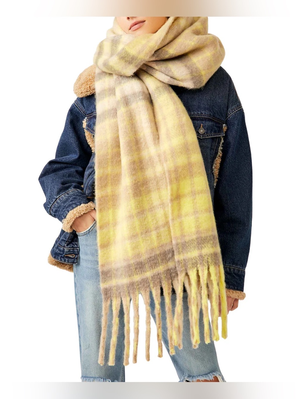 Free People Brushed Plaid Fringe Wrap Scarf in Yellow